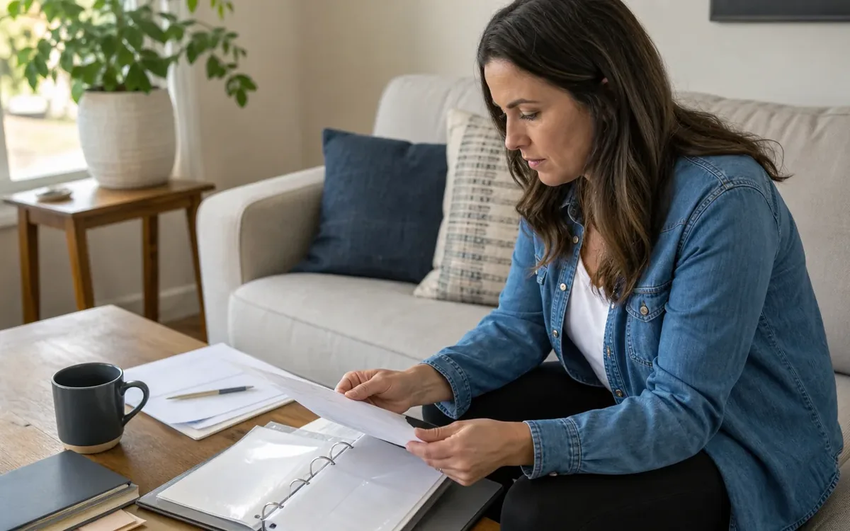 A woman seated on a sofa reviews loose papers over an open ring binder on a coffee table with notebooks, a pen, and a mug.