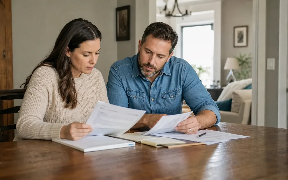A woman and a man review printed documents at a wooden dining table with a binder, an open notebook, and a pen.
