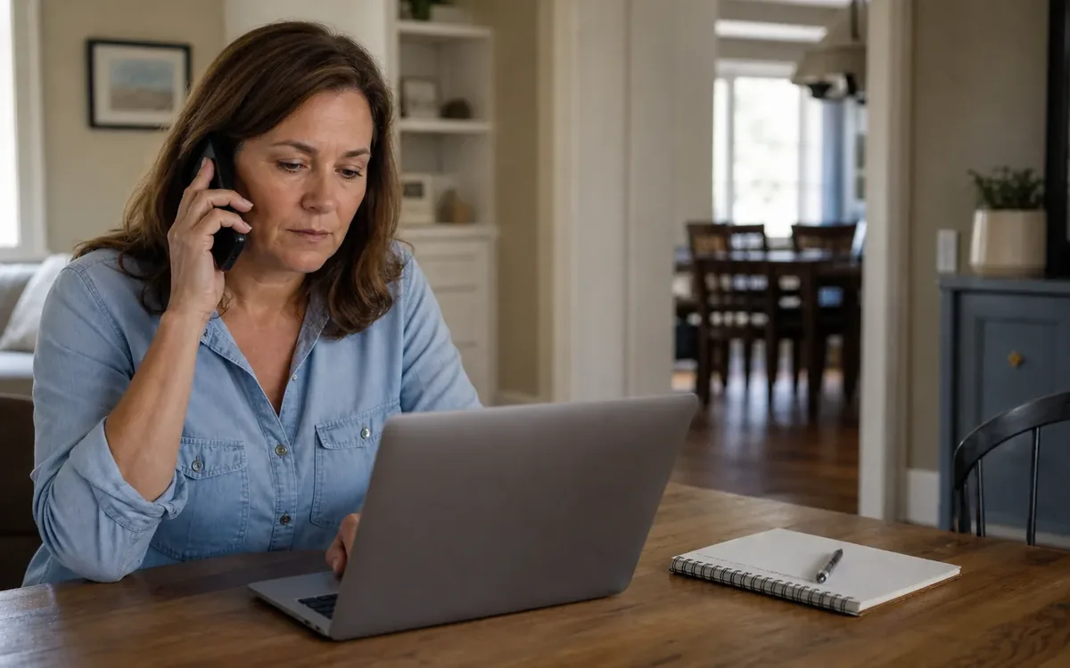 A woman holds a phone to her ear while looking at a laptop at a wooden table, with a notebook and pen beside her.