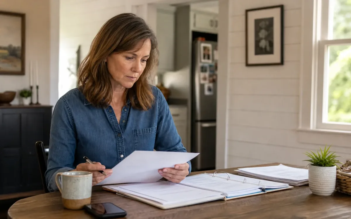 A woman holds a sheet of paper and a pen while reviewing an open binder at a wooden table with a phone and mug.