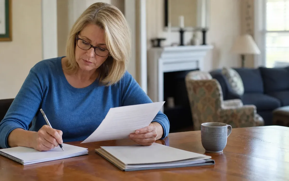 A woman wearing glasses reviews a sheet of paper while writing in a notebook at a wooden table with folders and a mug.