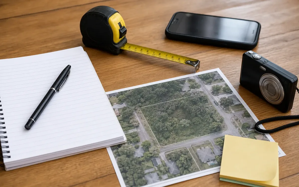 Aerial lot printout with a notebook, pen, tape measure, smartphone, camera, and sticky notes on a table.