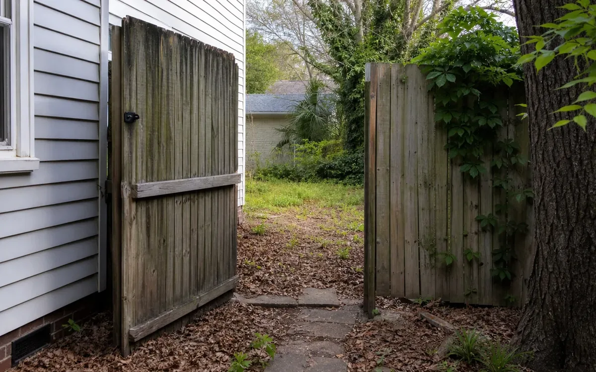 Open wooden gate beside a house provides access to an overgrown, leaf-covered vacant lot.