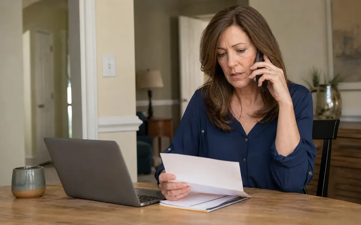 A concerned woman holds a paper and talks on a phone at a wooden table with an open laptop and a mug.