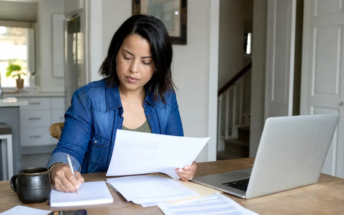 A woman holds a sheet of paper and writes notes at a wooden table with scattered documents, an open laptop, and a dark mug.