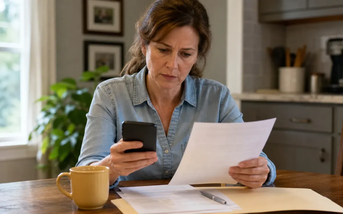 A woman studies a paper while holding a smartphone at a kitchen table with documents, a pen, a folder and a yellow mug.