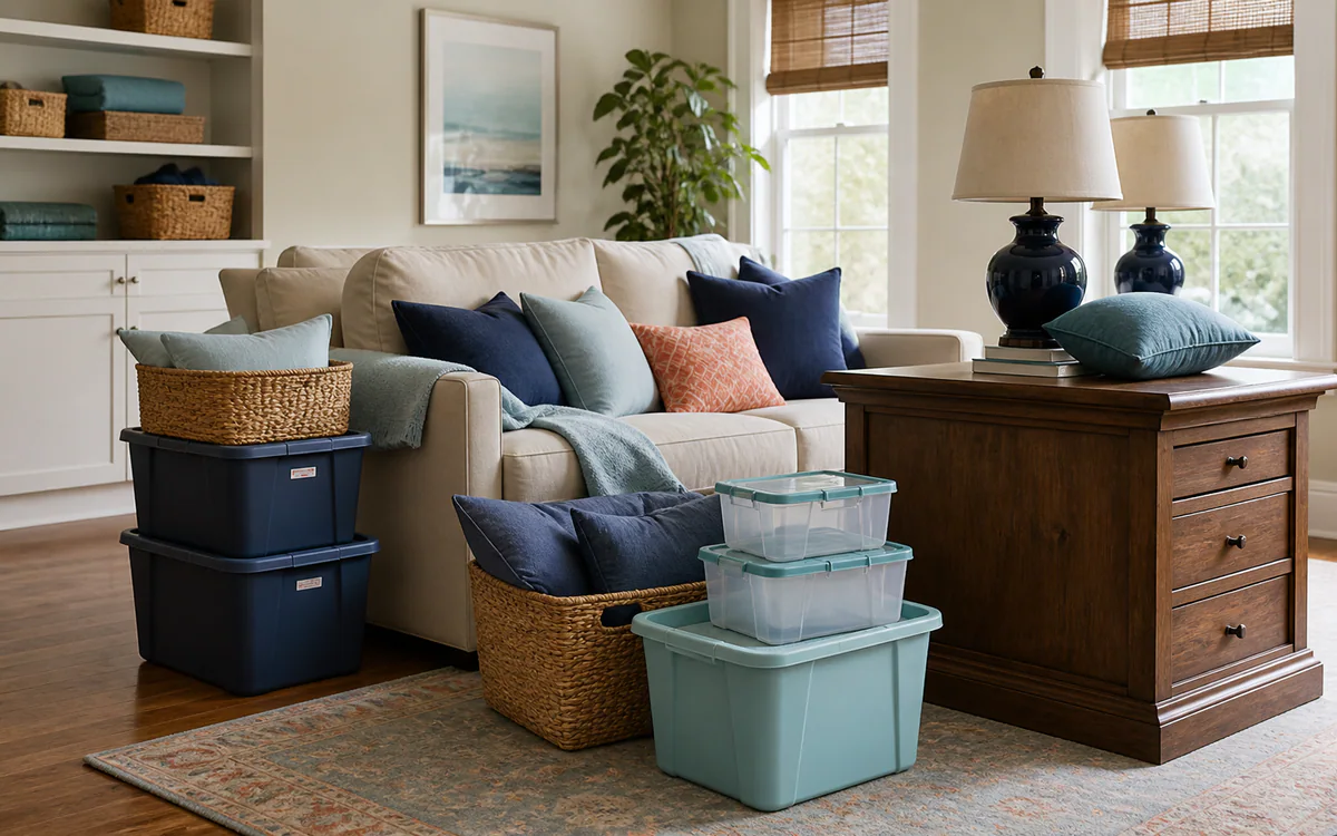 An organized living room with carefully sorted belongings for a Charleston, SC guide answering "What are common downsizing mistakes"