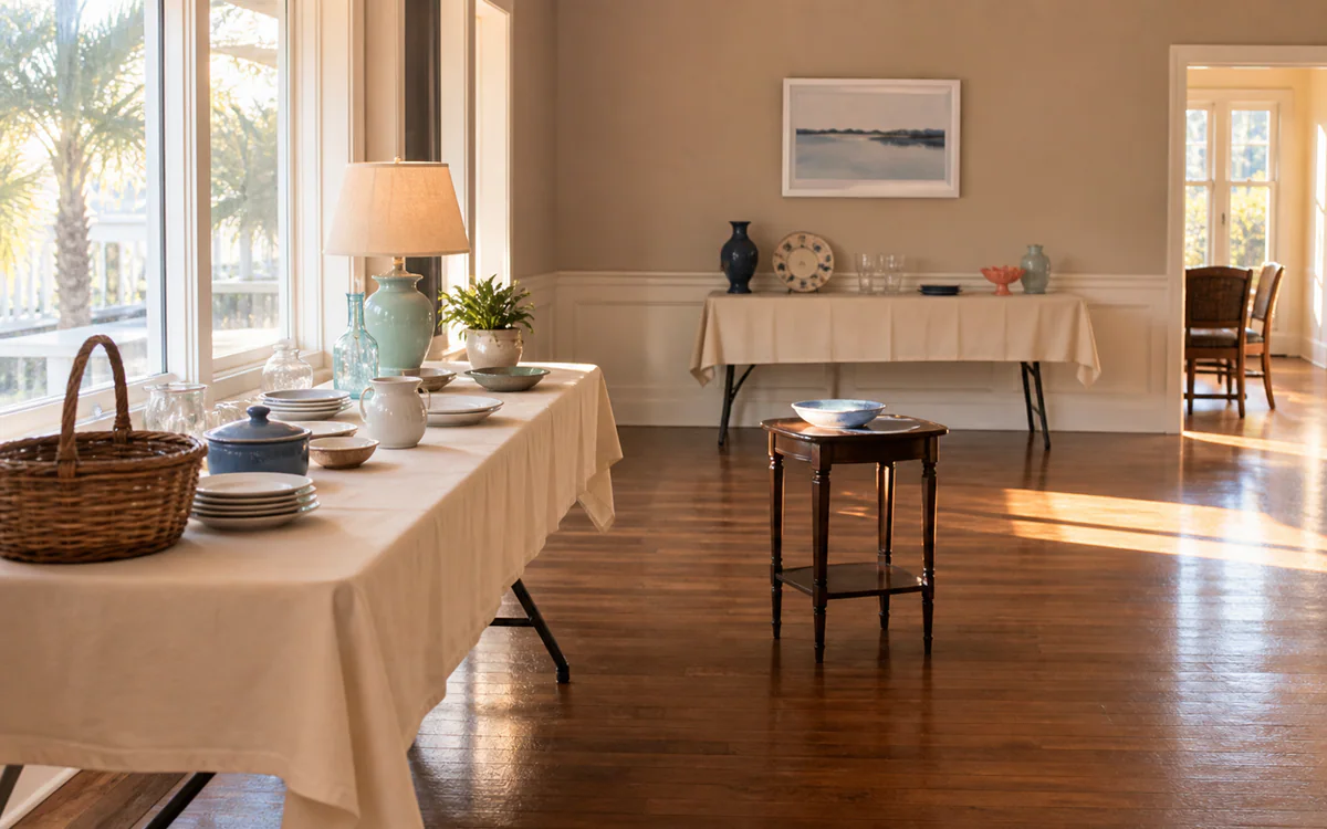 Household items arranged for an estate sale for a Charleston, SC guide answering "What are the disadvantages of estate sales"