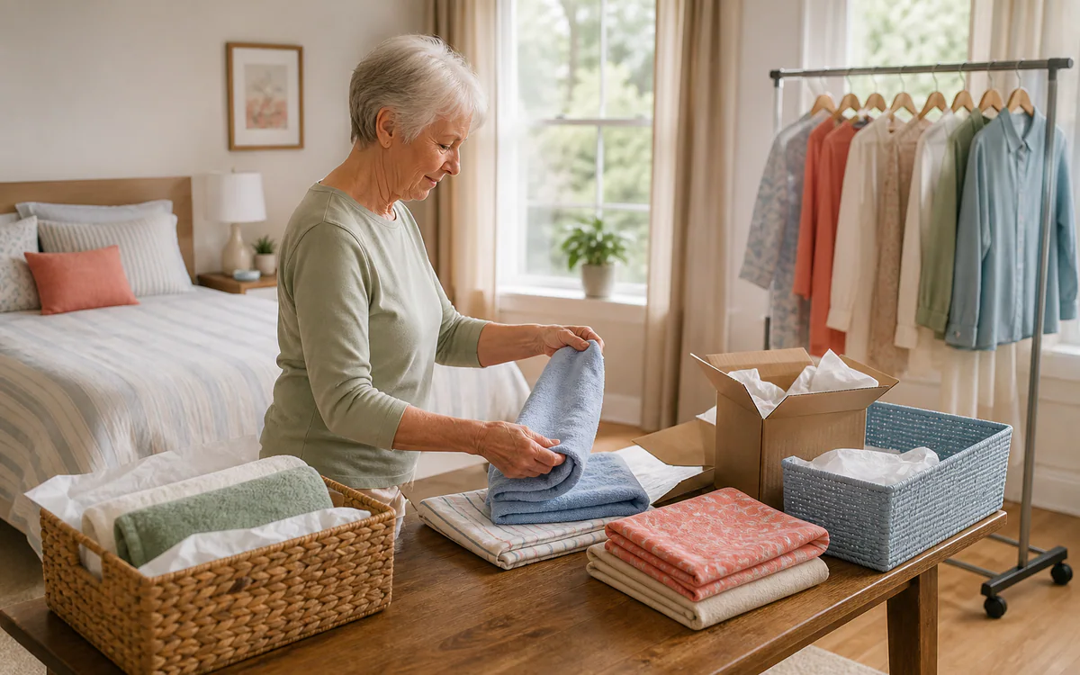 Labeled moving boxes beside a household checklist for a Charleston, SC guide answering "What are the easiest packing methods for seniors"