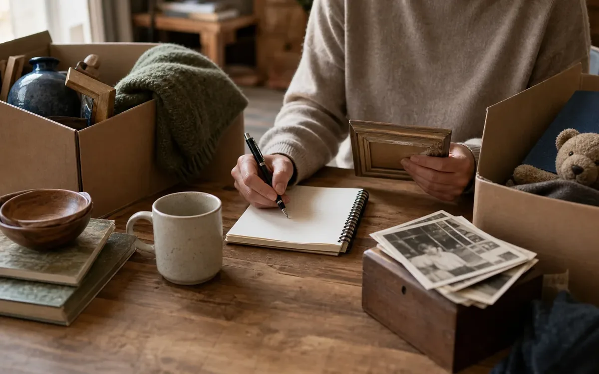 Hands organizing household items while planning do not confuse sentimental value with auction demand