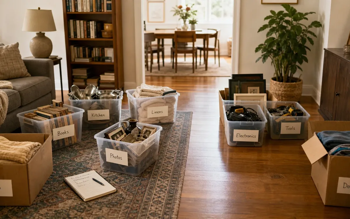 Labeled household belongings and a clear room path for avoid building lots for convenience alone