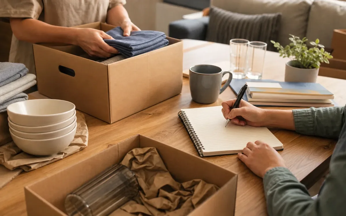 Hands organizing household items while planning what can an unpacking and resettling team discuss?