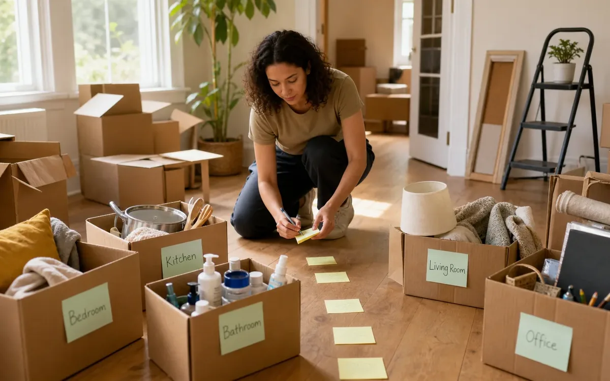 Labeled household belongings and a clear room path for which rooms should be settled first?