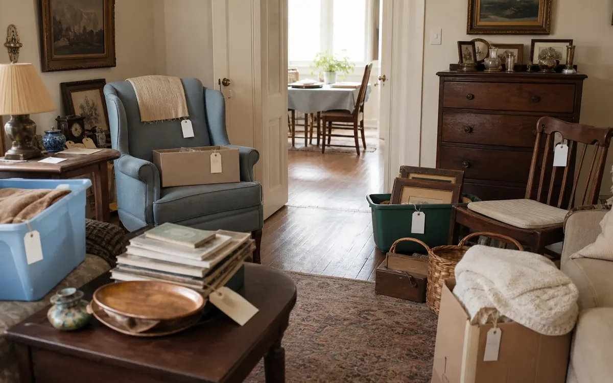 Labeled household belongings and a clear room path for how is furniture divided among family members?