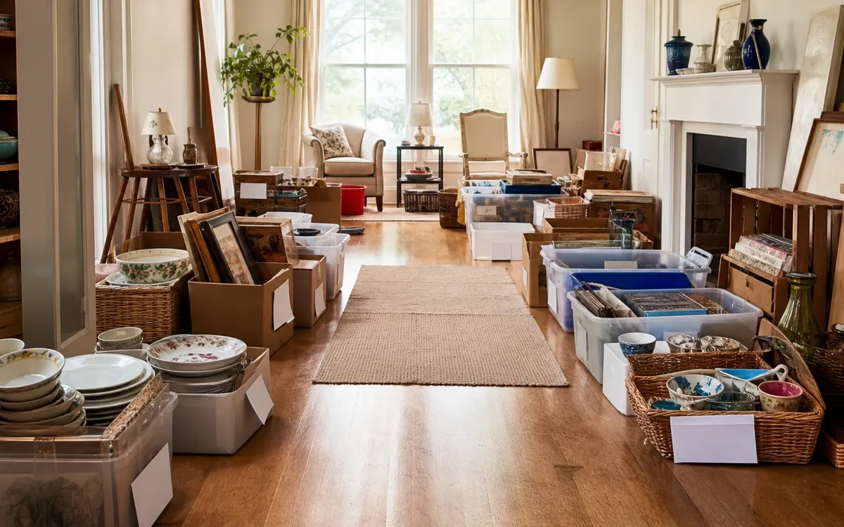 Labeled household belongings and a clear room path for which sale method fits the estate?