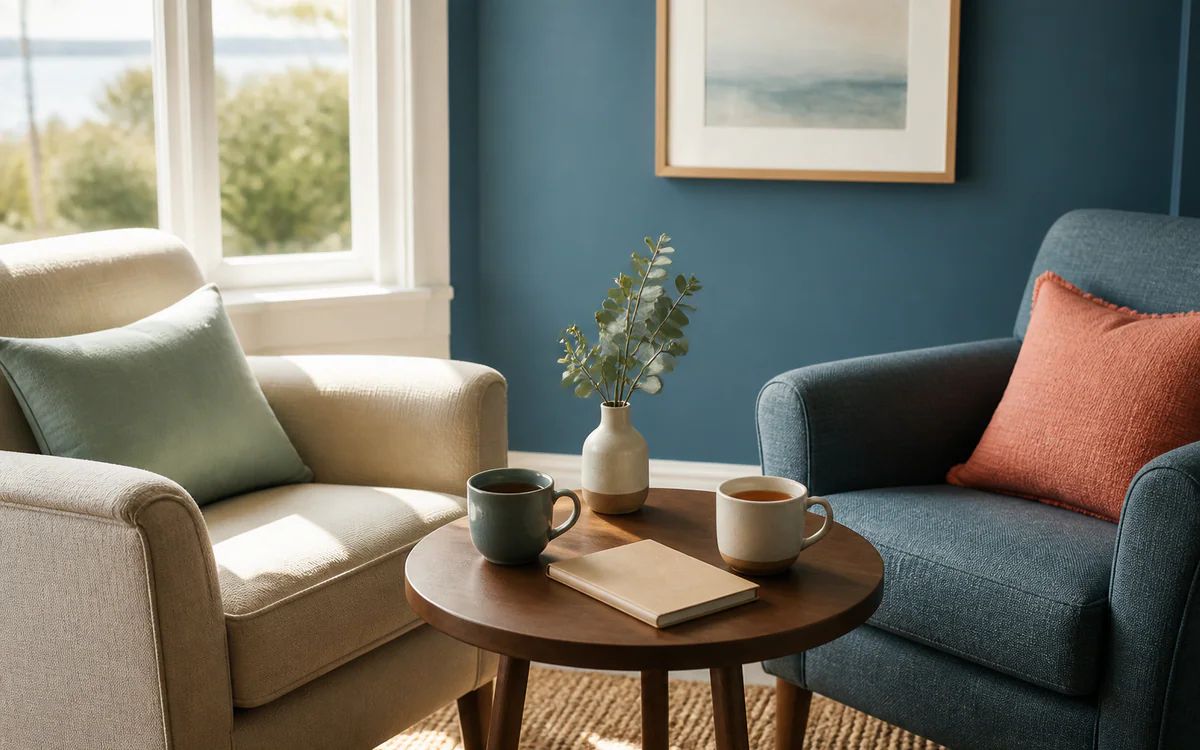 An organized living room with carefully sorted belongings for a Charleston, SC guide answering "What is the 40-70 rule for talking to aging parents"