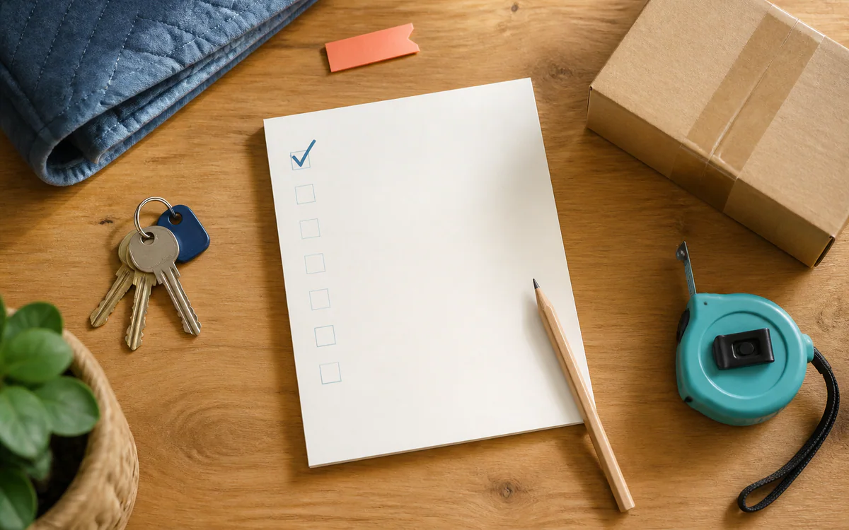 Labeled moving boxes beside a household checklist for a Charleston, SC guide answering "What is the first thing on a moving checklist"