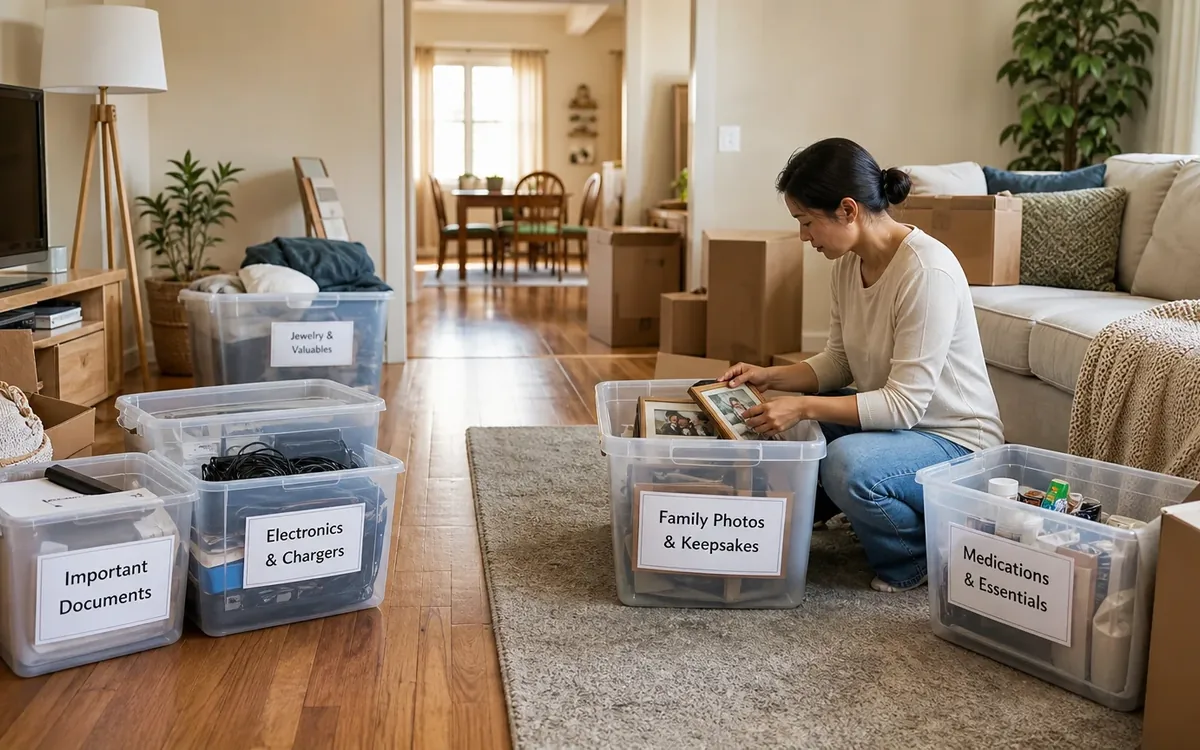 Labeled household belongings and a clear room path for which valuable and personal items should stay with you?