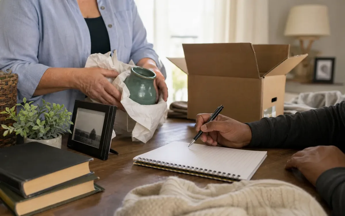 Hands organizing household items while planning what furniture should stay out of the new room?