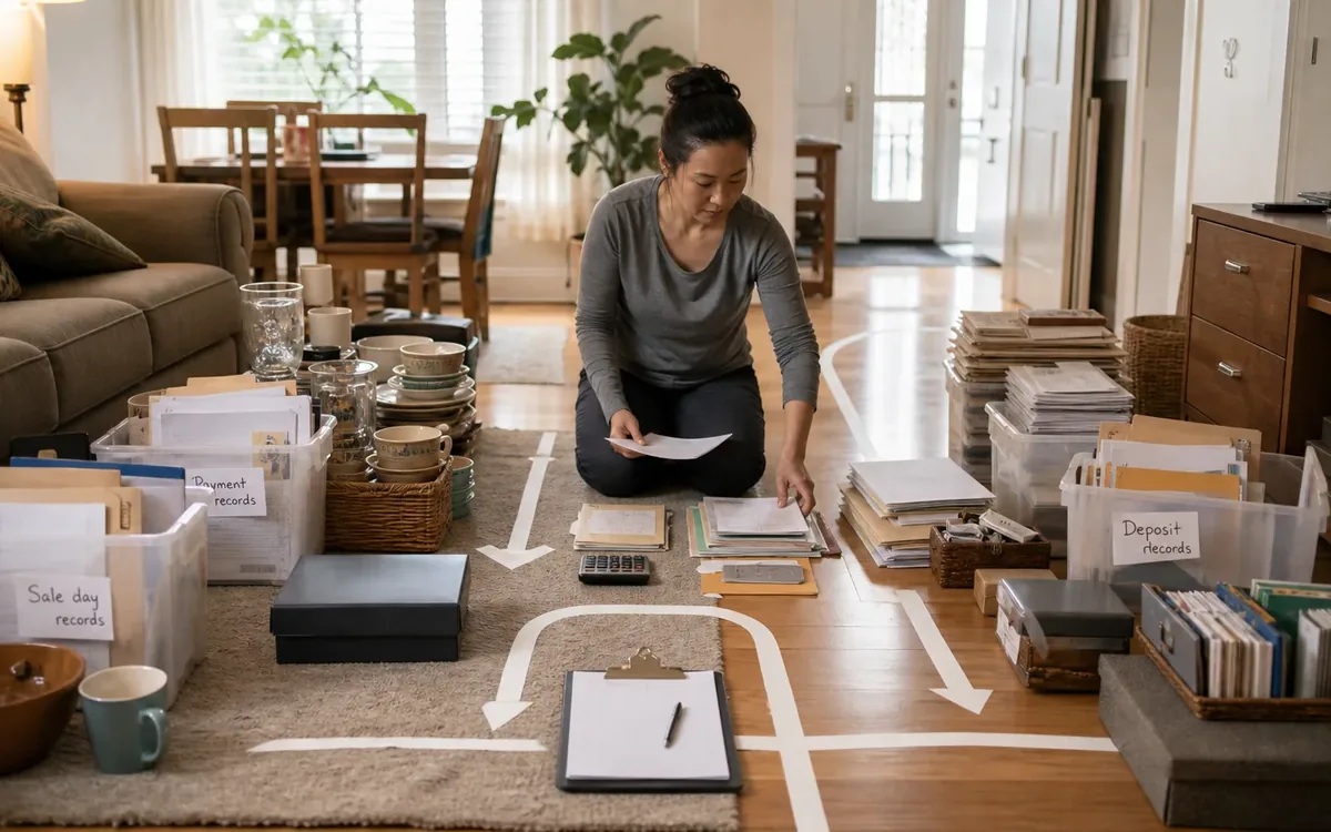 Labeled household belongings and a clear room path for keep a full financial trail from sale to deposit
