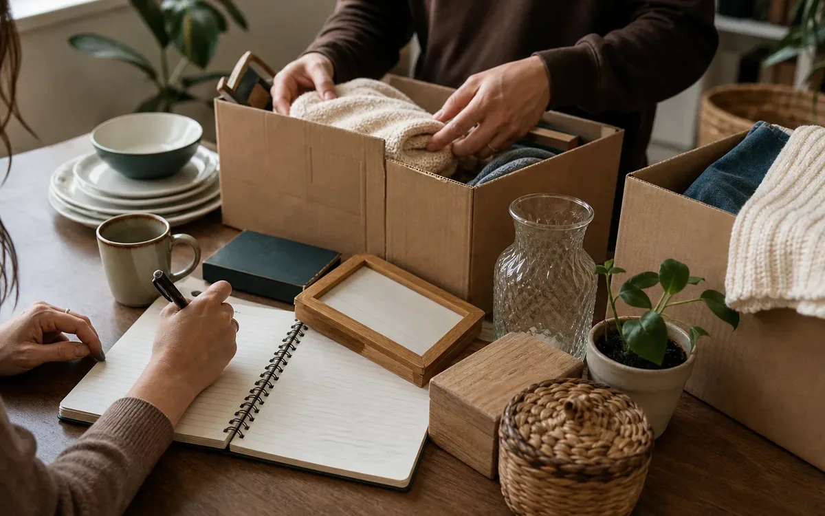 Hands organizing household items while planning who decides what can be sold?
