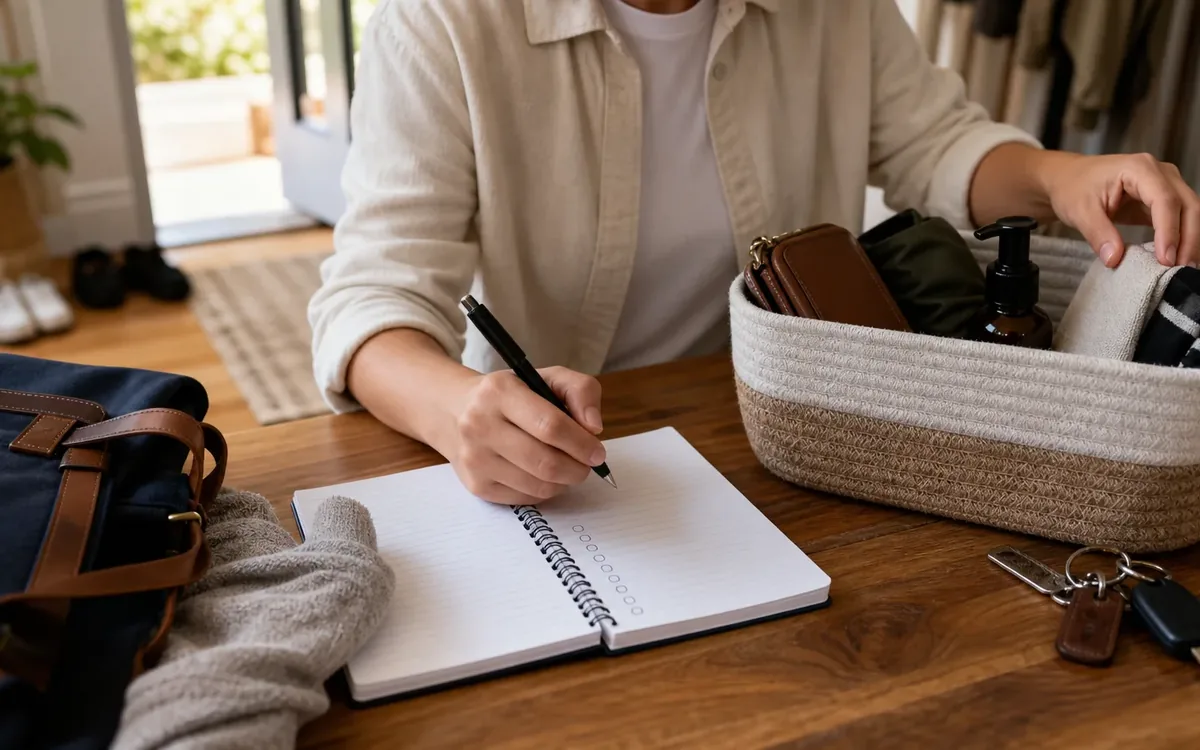 Hands organizing household items while planning focus on the entrance and first-view areas