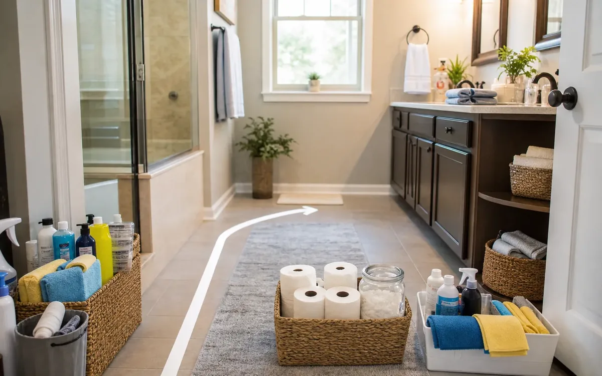 Labeled household belongings and a clear room path for what should you clean in bathrooms?