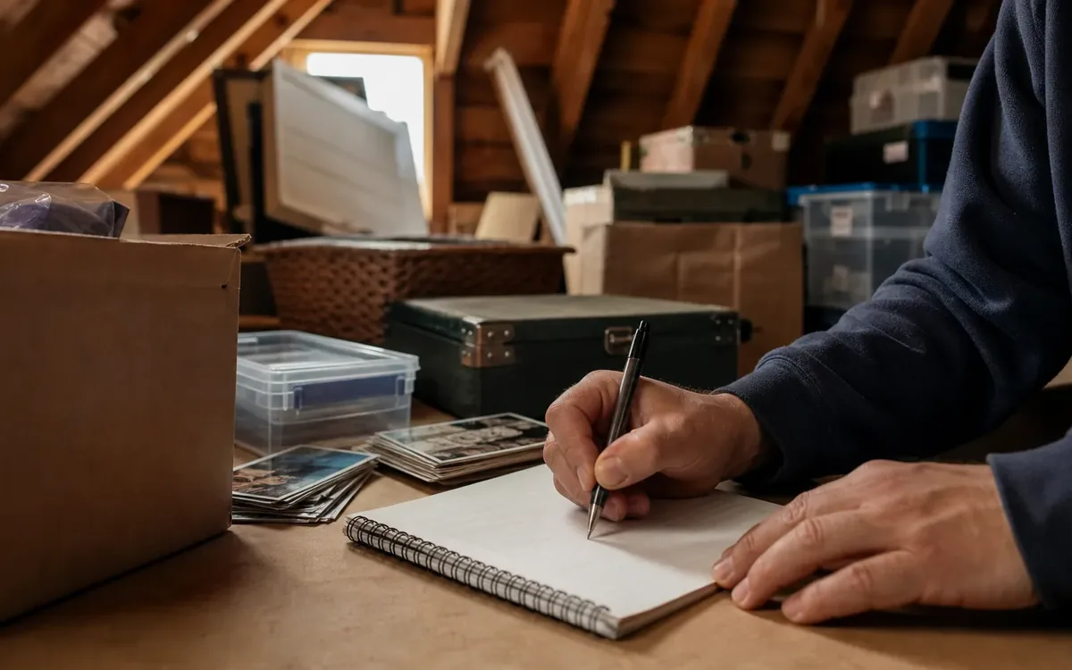 Hands organizing household items while planning document the attic before anything leaves