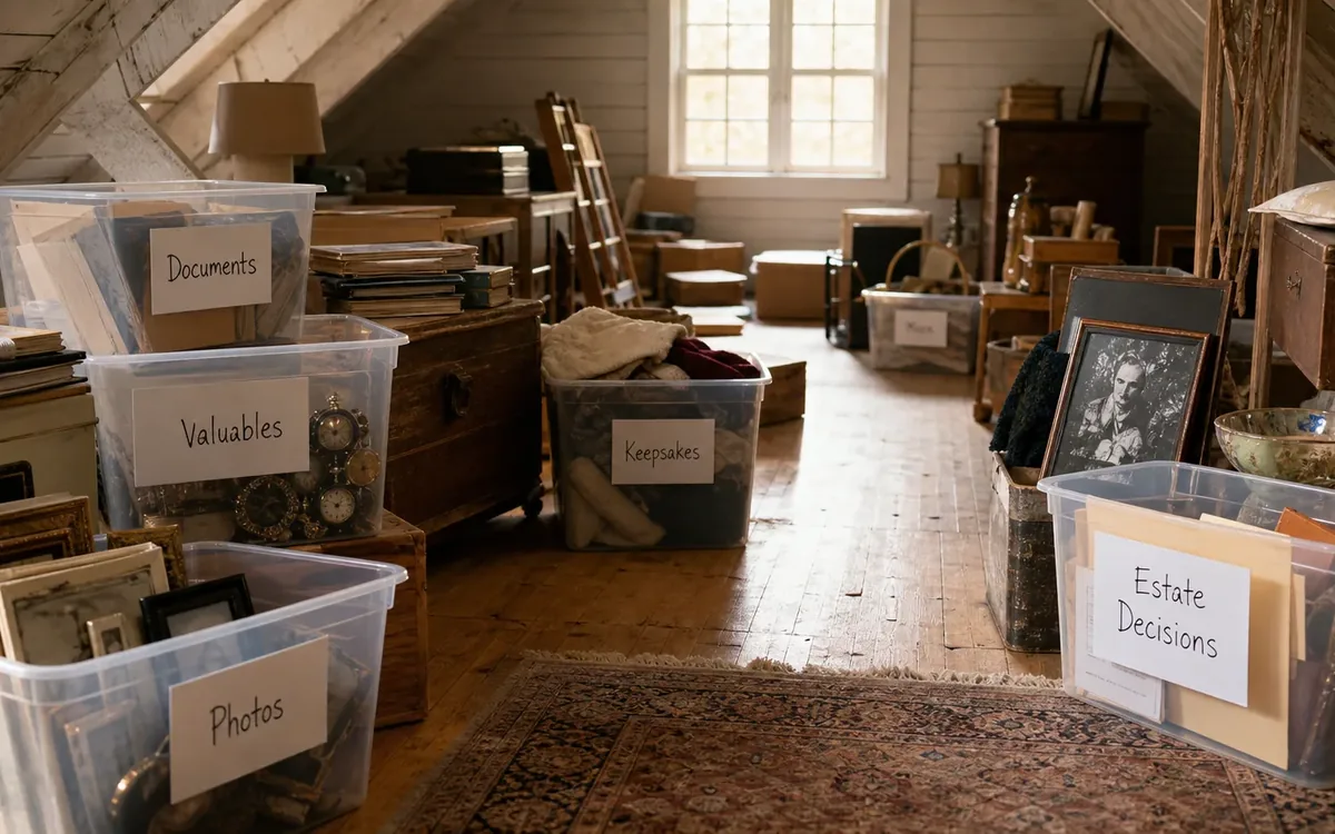 Labeled household belongings and a clear room path for pull out valuables, records, and estate decision items first