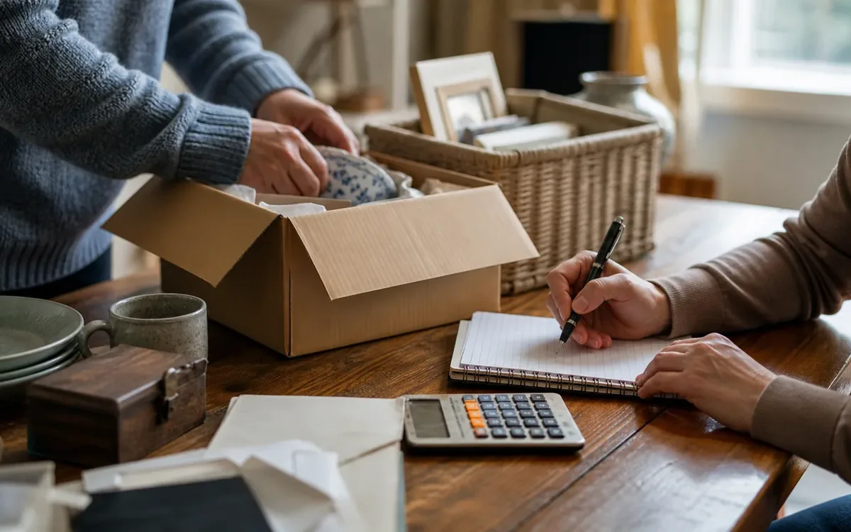 Hands organizing household items while planning follow the money from purchase to final payment