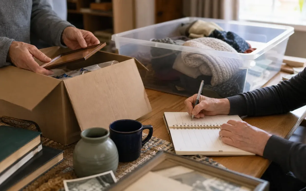 Hands organizing household items while planning who owns and controls property that does not sell?