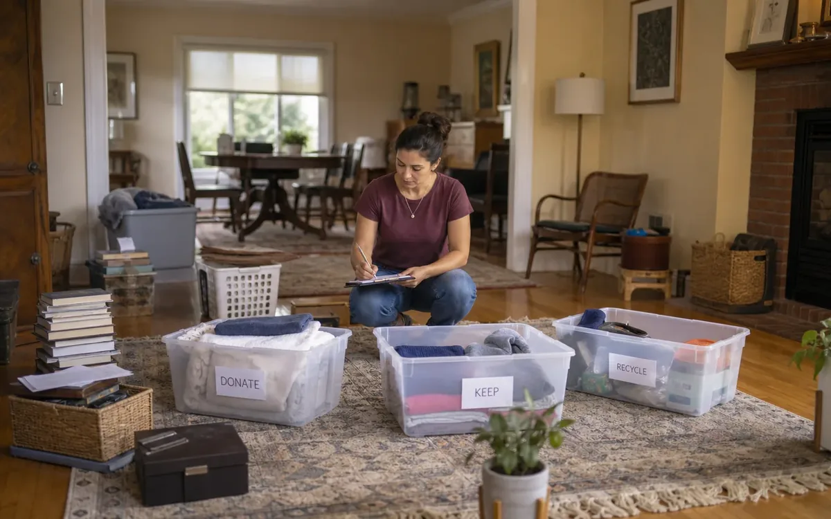Labeled household belongings and a clear room path for who decides whether an item can be removed, stored, or discarded?