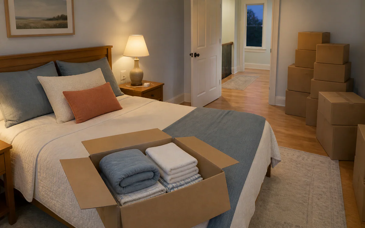 Labeled moving boxes beside a household checklist for a Charleston, SC guide answering "What to do first when unpacking"