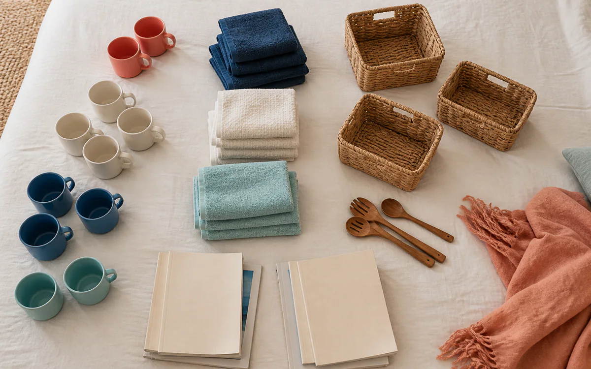 An organized living room with carefully sorted belongings for a Charleston, SC guide answering "What to get rid of first when downsizing"