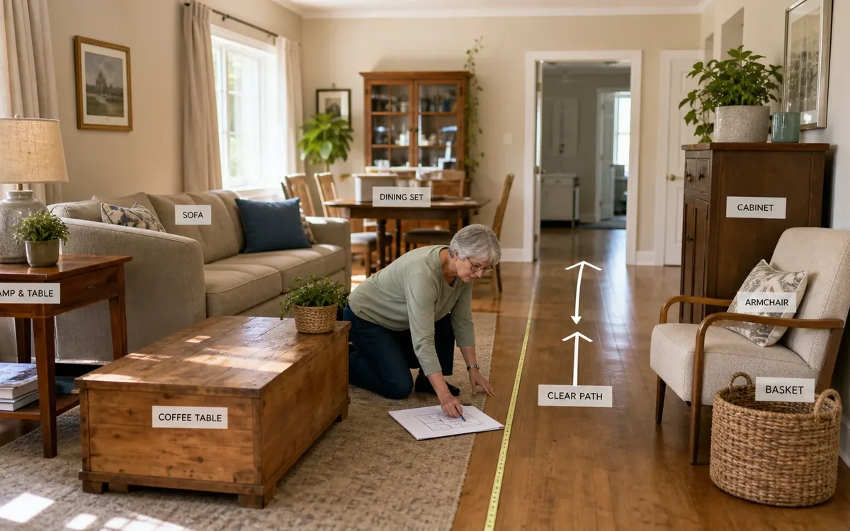 Labeled household belongings and a clear room path for what clearance should be left around furniture?