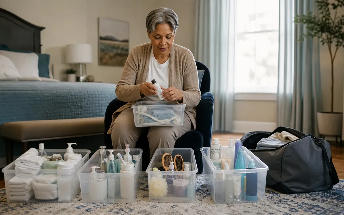 Labeled household belongings and a clear room path for pack personal-care and health items carefully