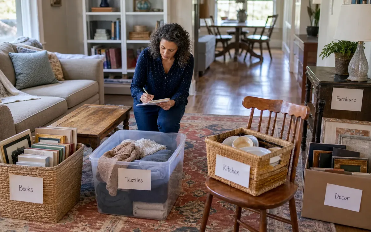 Labeled household belongings and a clear room path for what furniture should you sell?