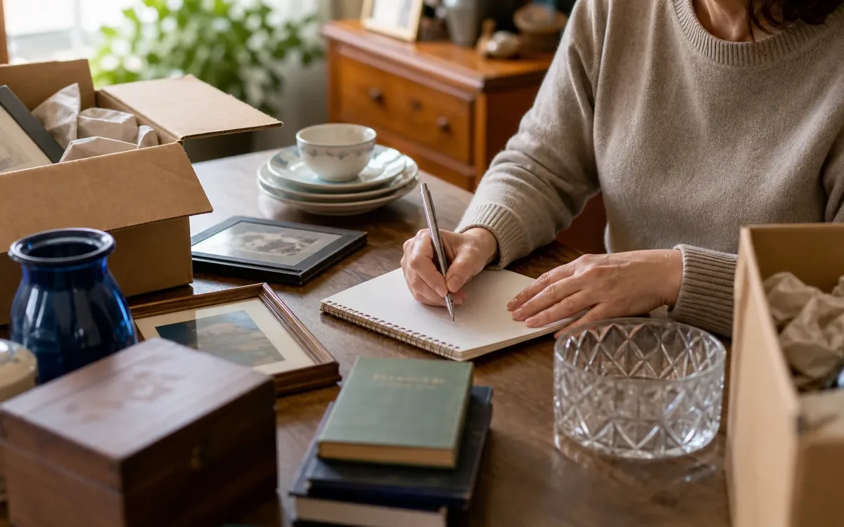 Hands organizing household items while planning does the estate contain enough auction-worthy property?