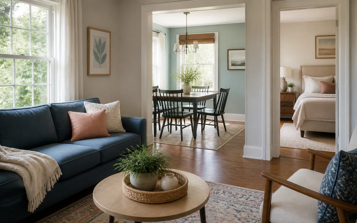 A bright, uncluttered living room prepared for a home sale for a Charleston, SC guide answering "When selling a house, what rooms should you prioritize staging over others"