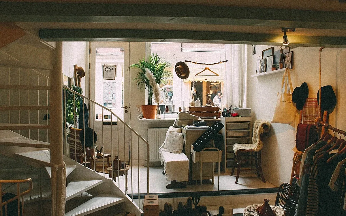 A compact furnished room contains a staircase, chairs, plants, hanging clothing and shelves near a bright window
