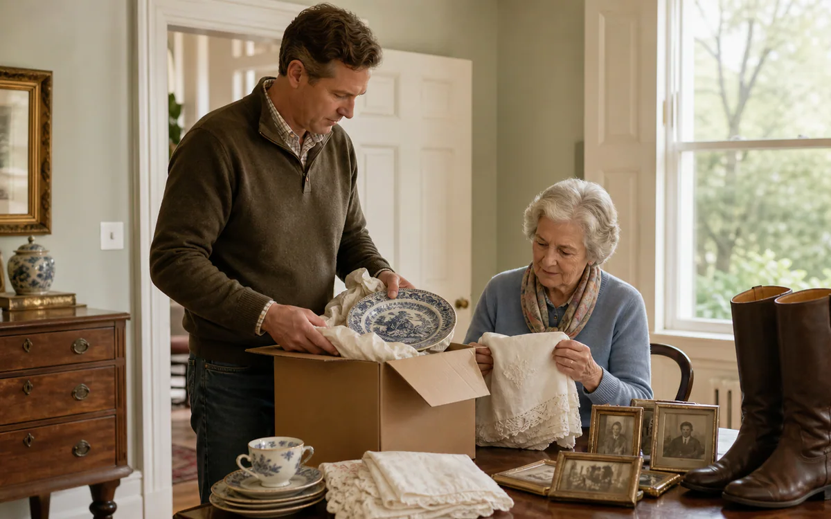 Mother and adult son sorting china and linens during an Aiken, SC estate transition