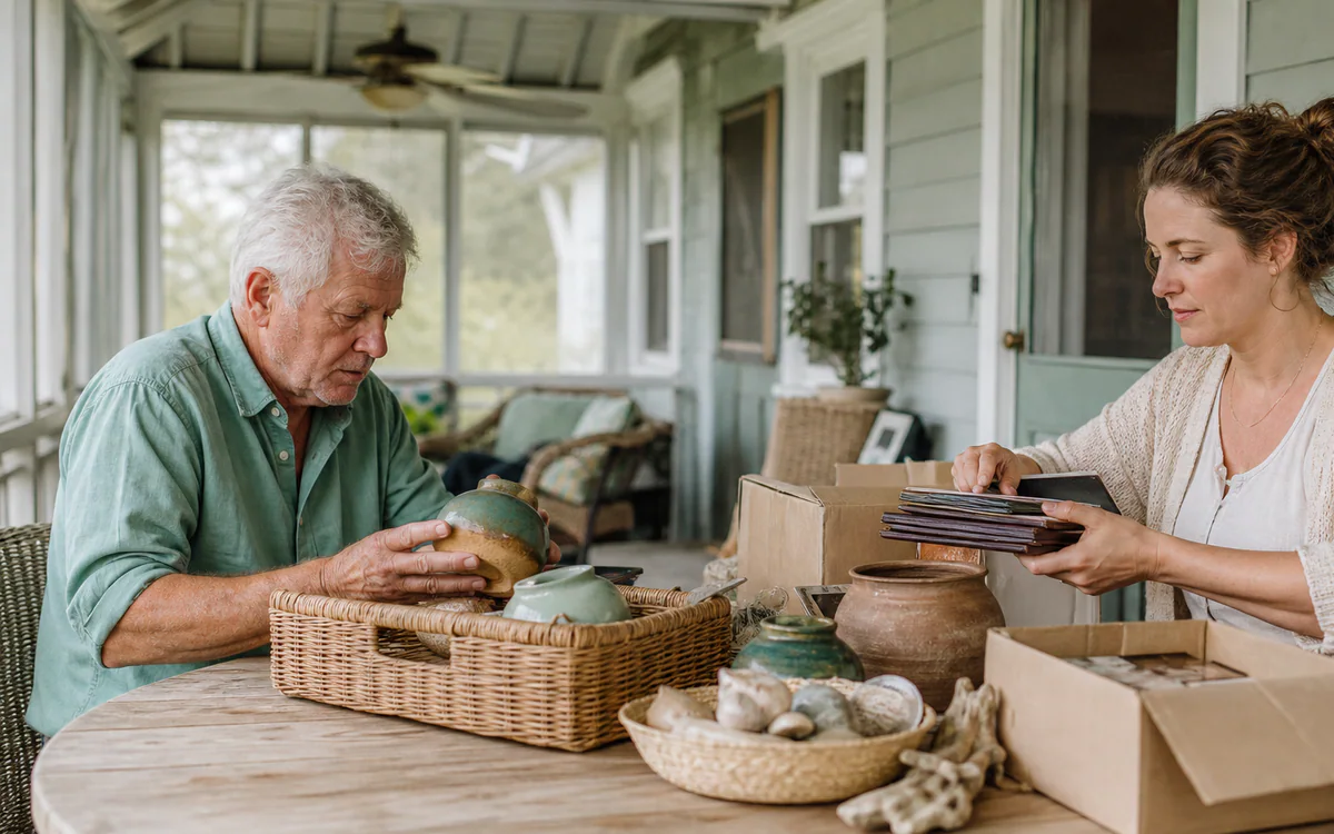Family sorting pottery and keepsakes in a Lowcountry home near Bluffton, SC