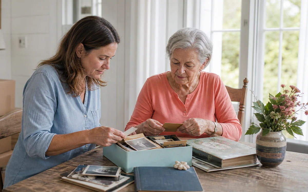 Mother and adult daughter calmly sorting family keepsakes during a Charleston, SC home transition