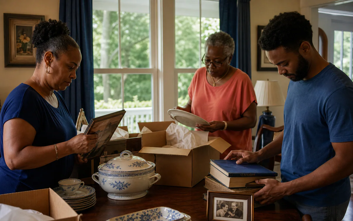 Multigenerational family sorting memories and dishes during a Columbia, SC home transition