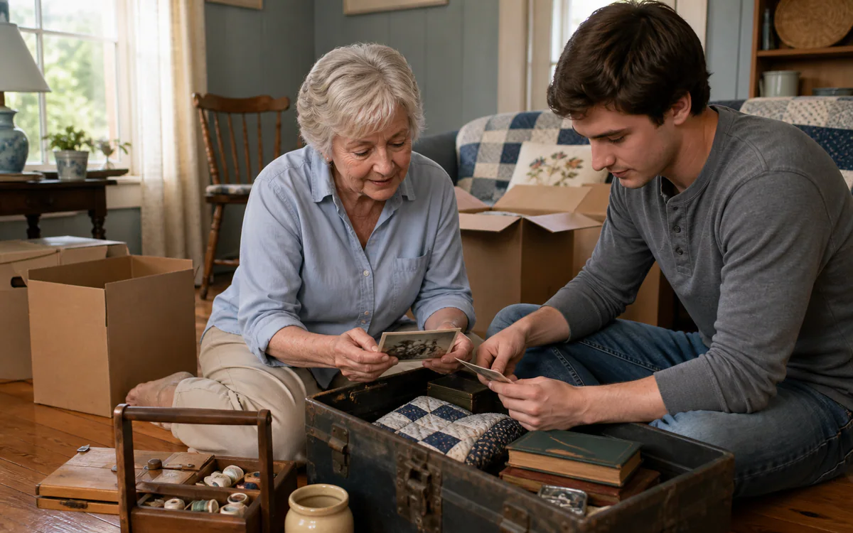 Grandmother and adult grandson sorting family treasures in Easley, SC