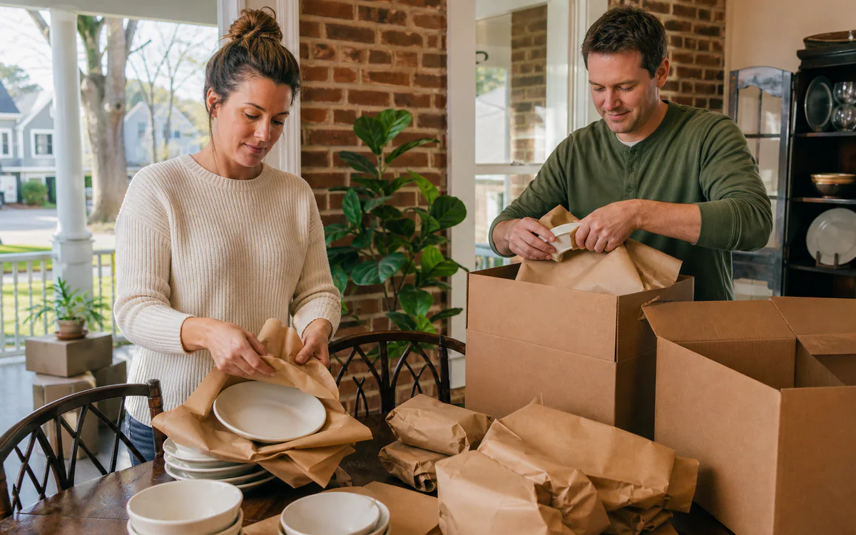 Couple wrapping dishes for a household move in Fort Mill, SC