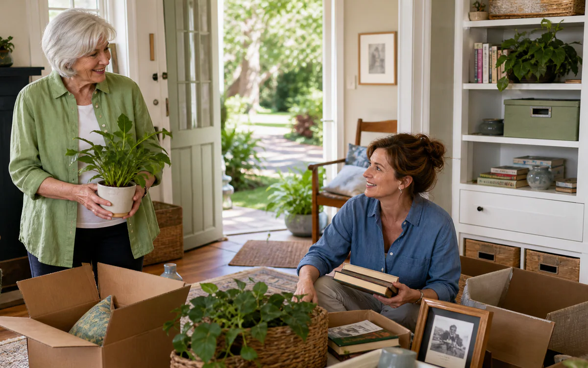 Older homeowner and friend sorting plants and mementos in Greenville, SC