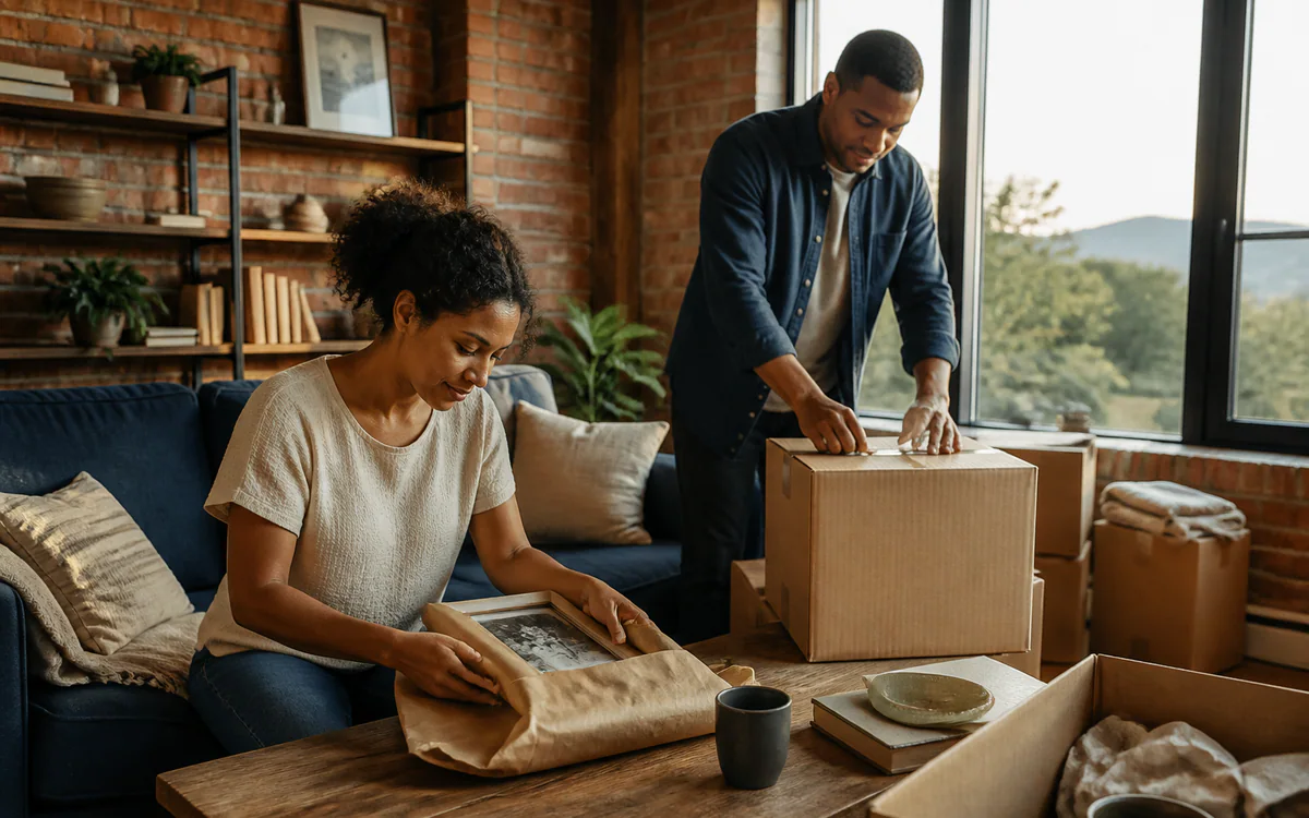 Adults sorting household keepsakes in a warm brick interior in Greer, SC
