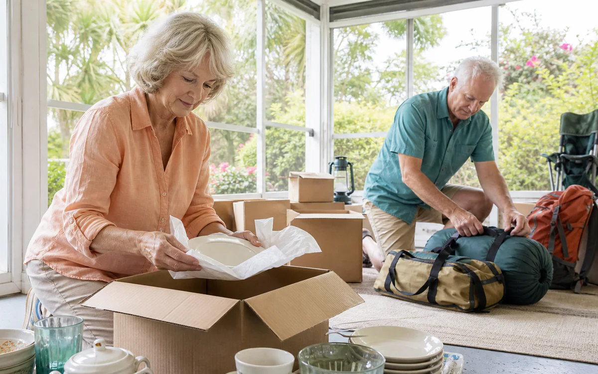 Couple sorting outdoor gear and kitchenware during a Hanahan, SC move