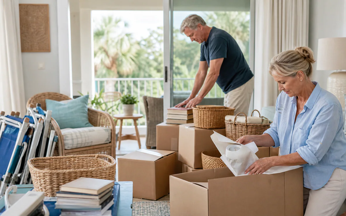 Mature couple organizing seasonal household items on Hilton Head Island, SC